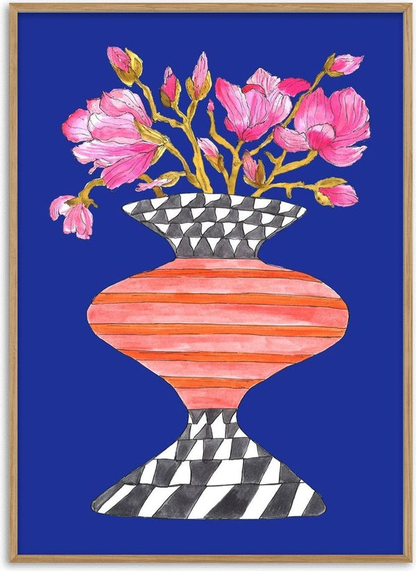 Lush Magnolia by Marjorie Salvagni - pink magnolias on gold branches above a striped vase