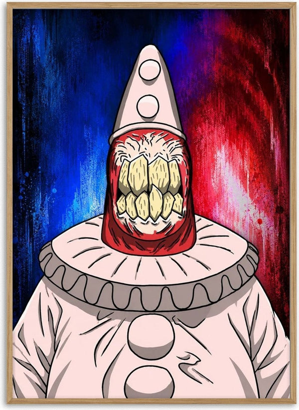 MacMafia volume 1 by Euan MacKenzie - Pierrot clown with a gaping mouth of teeth on a blue and red background