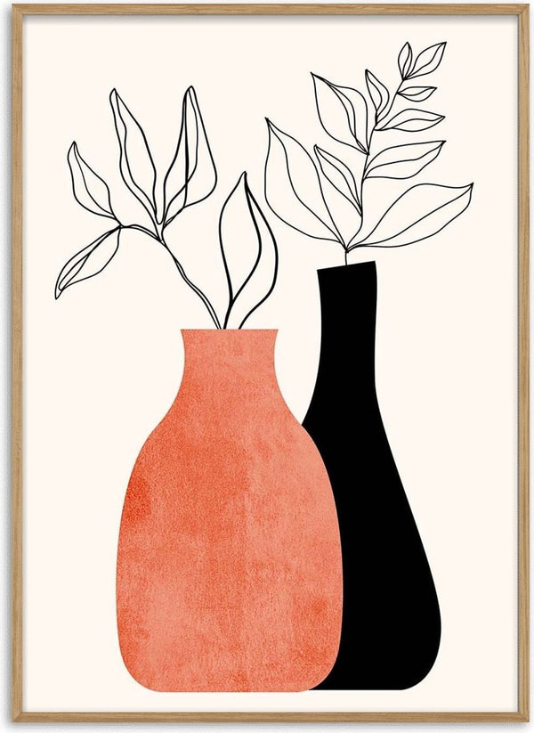 Minimalist art print of two vases, one terracotta and one black, with simple leafy branches.