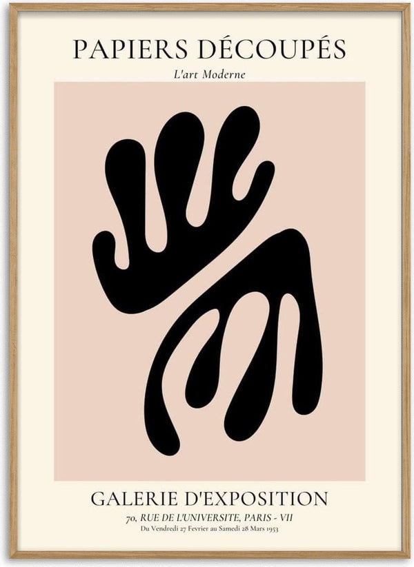 Abstract black coral on pink French art poster with bold shapes, vintage gallery text, modern minimalist design.