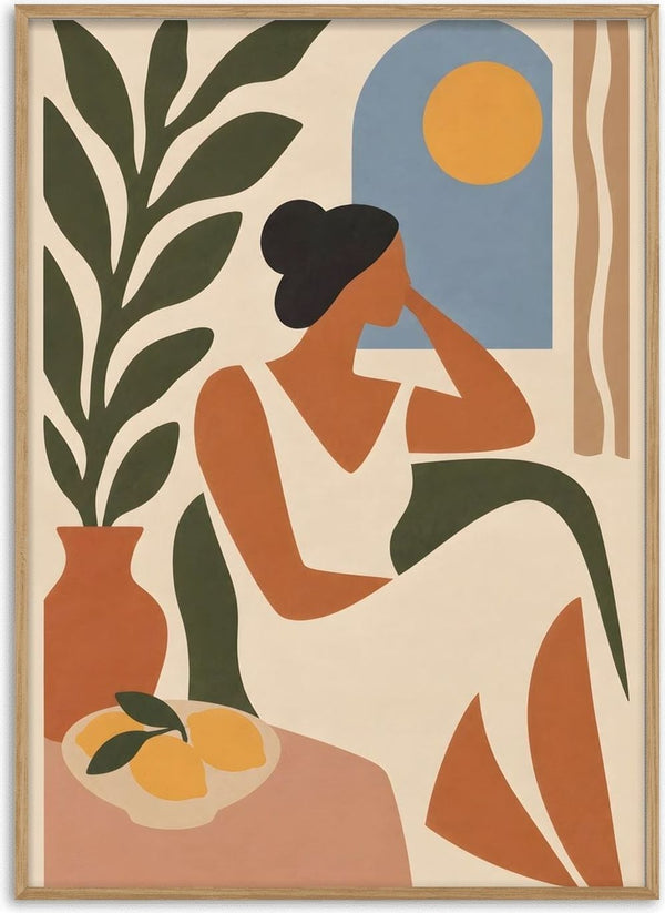 Contemplative Afternoon by TimlessArtworks - a woman in terracotta with lemons by a blue arched window