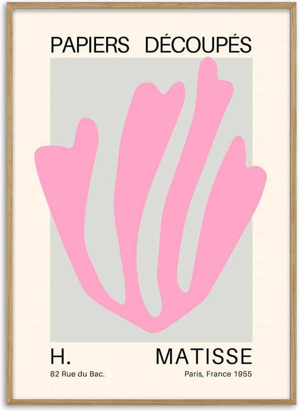 Abstract pink coral shape inspired by Matisse on a gray background with text "Papiers Découpés" and artist details.