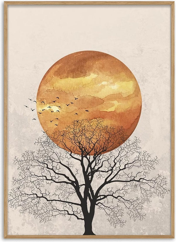 Bare tree silhouette with birds flying before a large orange sunset, art by Vincent V titled "Meeting at Sunset".
