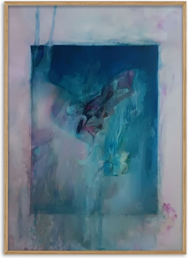 MetaMorfo by Alice Ruja — abstract teal and turquoise washes with butterfly-like wings dissolving into falling water on a pale rose ground.