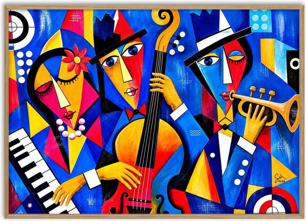 Midnight Jazz Ensemble by Andreas Gerlach - three cubist musicians with keyboard, bass and trumpet