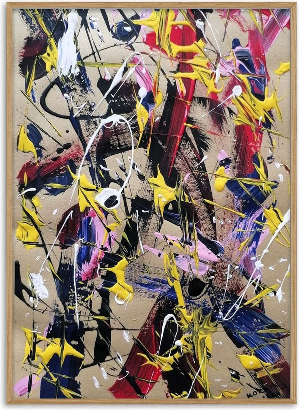 Miracukus by Igor Kotnik Art - yellow, red, white and black paint drips on a beige ground
