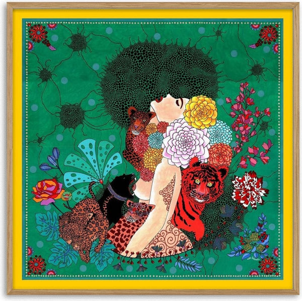 Miss Baghera by Lucrezia Solena - woman crowned with dahlias surrounded by leopards, a panther and a tiger on green