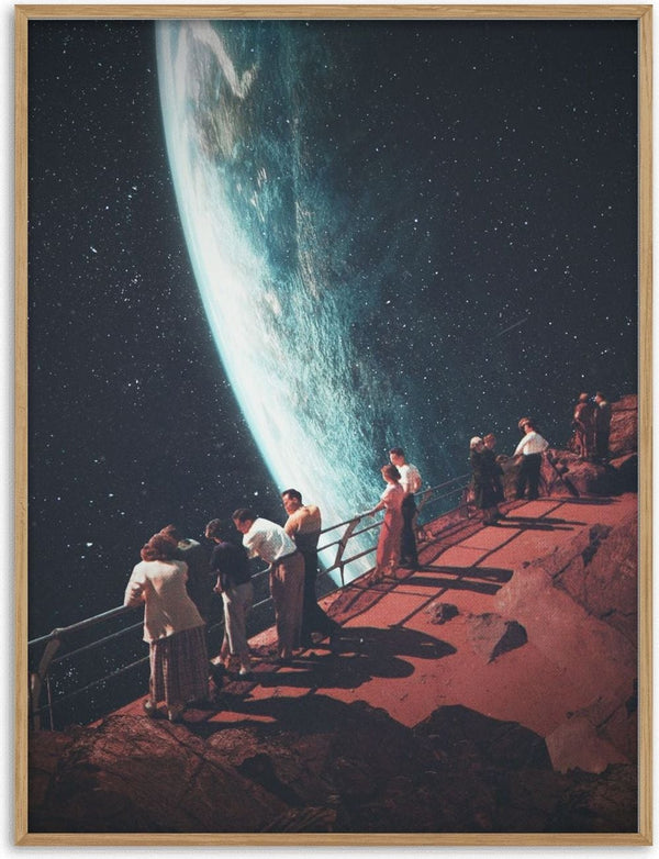 People stand on a rocky ledge gazing at Earth from space, artwork for Missing the Ones We Left Behind by Frank Moth.
