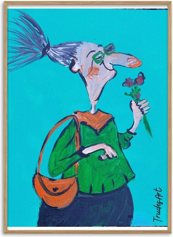 Mit spitzer Nase und weichem Kern by Trude - a sharp-nosed woman in green glasses holding a bunch of red flowers