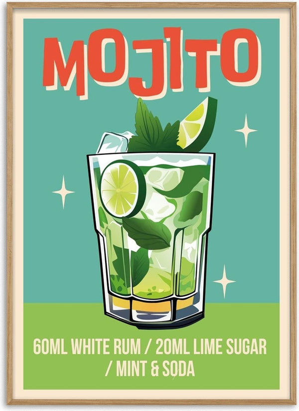 Illustration of a Mojito cocktail with lime, mint, and recipe text on a decorative wallchart.