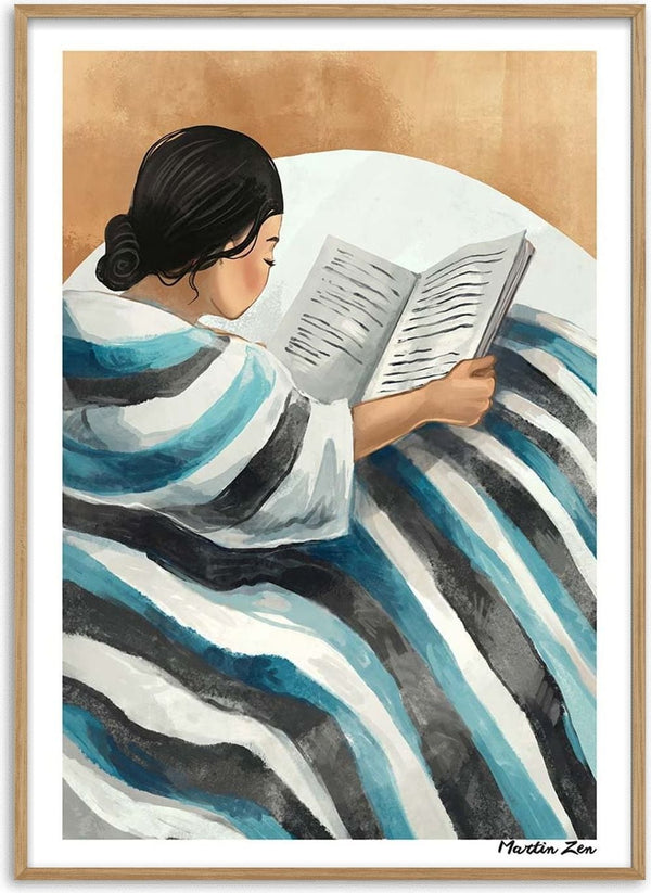 Illustration of a woman reading in bed, wrapped in a striped blanket. Artwork for Moment of Peace by Martin Zen.