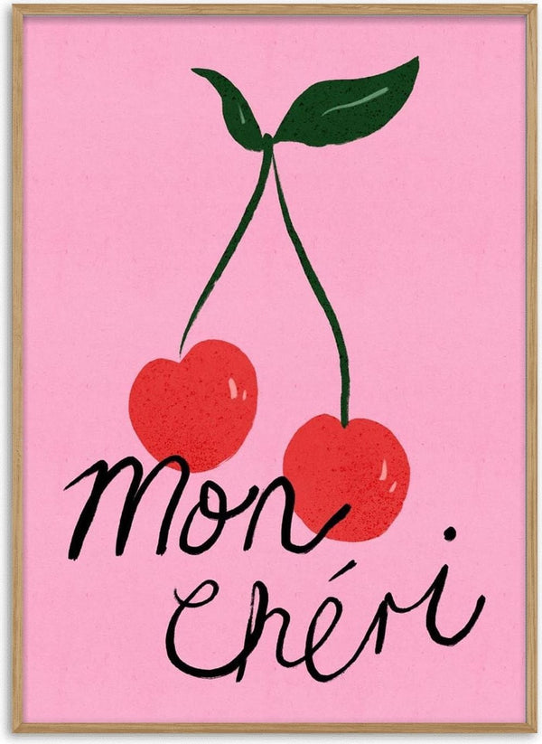Illustration of two cherries with green stems and leaves above the text "Mon chéri" on a pink background.