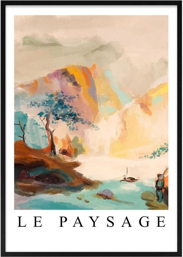 Colorful mountain landscape with trees and water, painted in a dreamy style. Text reads "Le Paysage" below.