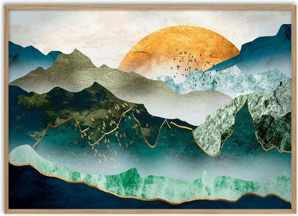 Abstract mountains with green, blue, and gold hues under a golden sun, titled "Mountain Sunset Plakat."