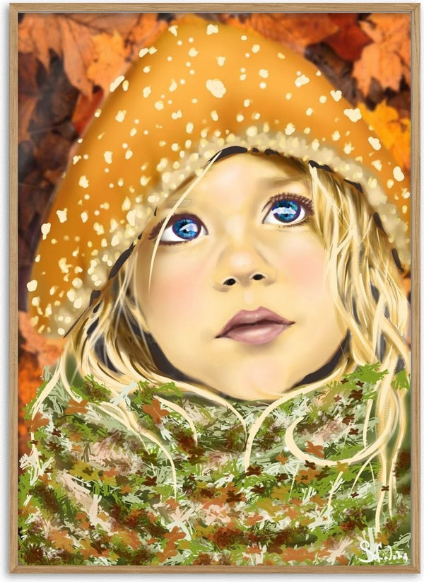 mushroom boy by Sofia de Lemos - a child under a golden toadstool cap among autumn leaves