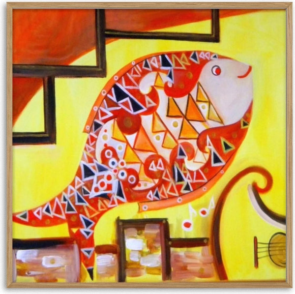 Music Fish by Sunny - a fish patterned in red, orange and black triangles on flat yellow