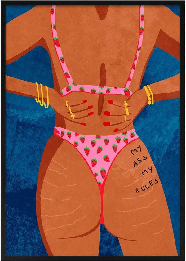 Illustration of a woman in strawberry-patterned lingerie with "MY ASS MY RULES" written on her hip.