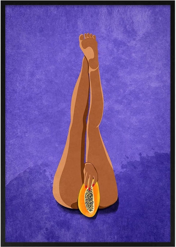 Illustration of a person’s legs with a hand holding a papaya, set against a purple background.