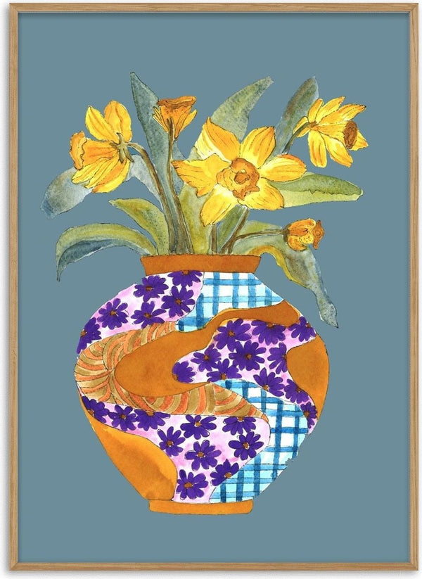 Narcissus by Marjorie Salvagni - yellow daffodils in a vase patched with purple daisies