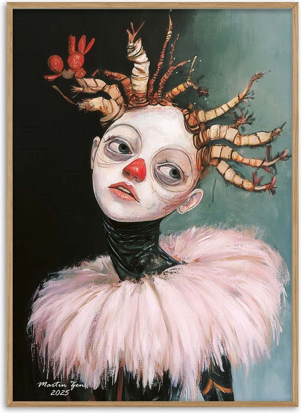 Surreal portrait of a clown with twisted hair and a fluffy collar, from Naughty With Nature by Martin Zen.