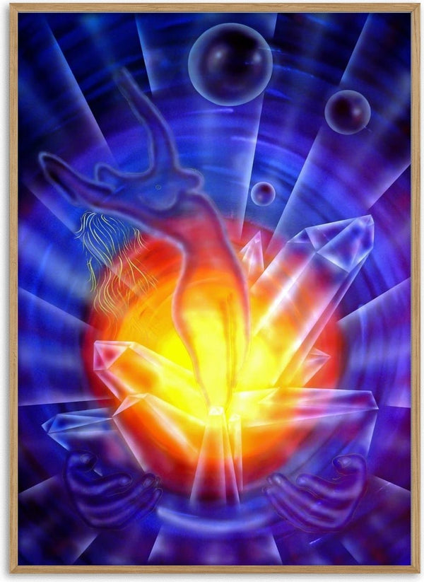 New beginnings and transformation by Walter Zettl - a figure before a blazing sun with crystals in blue, violet and orange