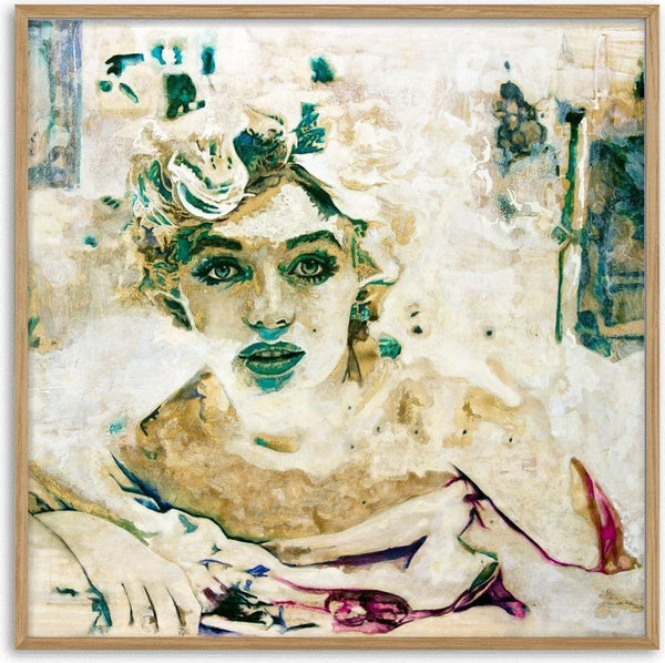 Norma by Mushk - portrait of a woman with short curled hair in cream, teal and gold washes