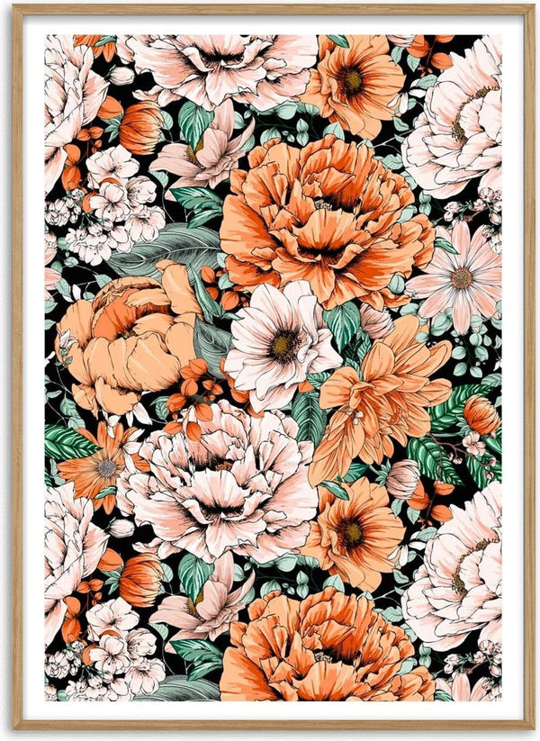 Illustration of orange and white flowers with green leaves on a dark background for Orange Flowers No. 1 Plakat.