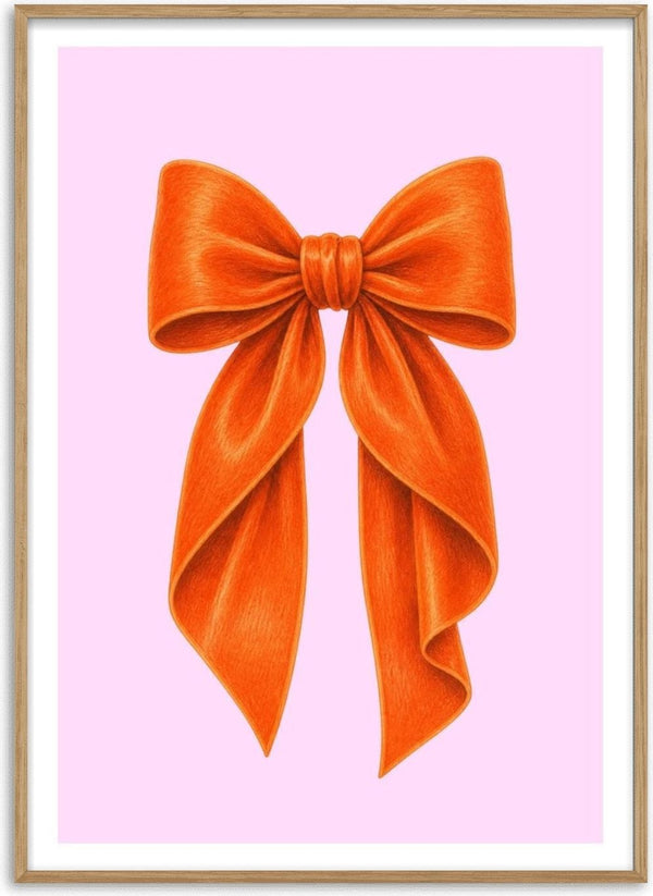 Orange velvet bow on pink by Ohkimiko - an orange velvet bow with long tails on pale pink