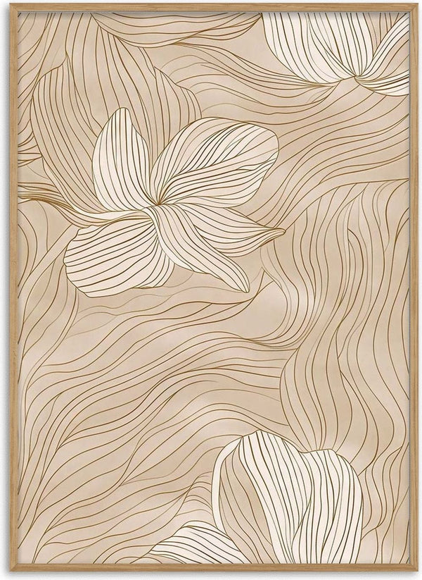 Abstract floral pattern with beige and cream lines, evoking organic shapes and unfolding petals.