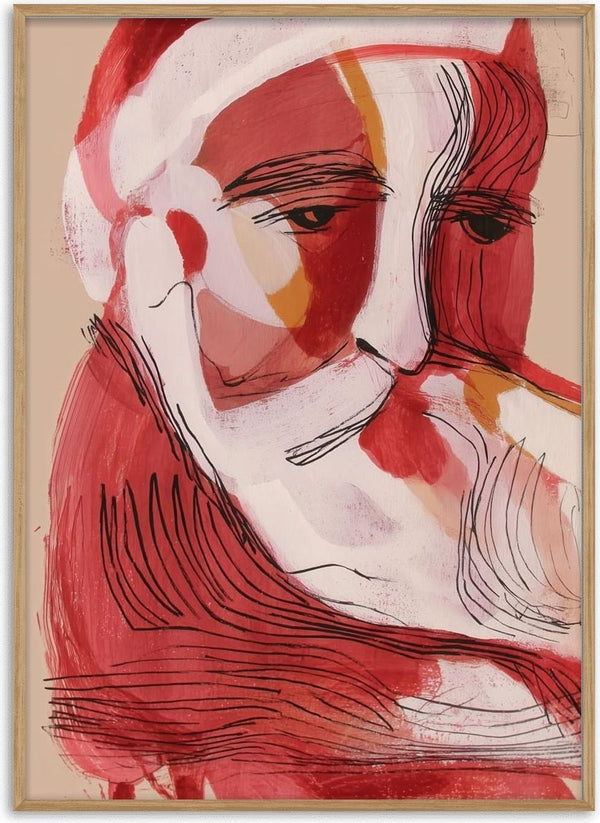 Abstract painting of Santa Claus with a thoughtful expression and his hand on his beard.