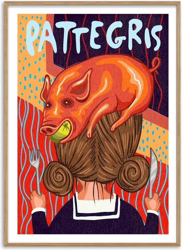 Illustration of a pig on a woman's head, with her holding fork and knife; "PATTEGRIS" text above.