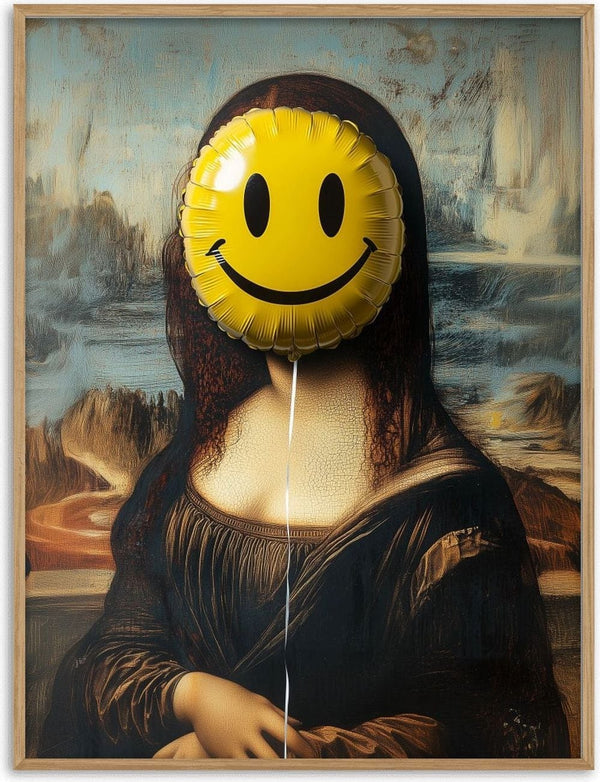 Parody of the Mona Lisa with a yellow smiley face balloon covering her face, titled Dikhotomy.