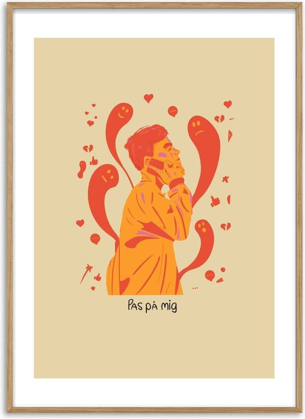 Pas På Mig by Jakob Falkenberg - a man on the phone among red emoji faces, hearts and speech bubbles