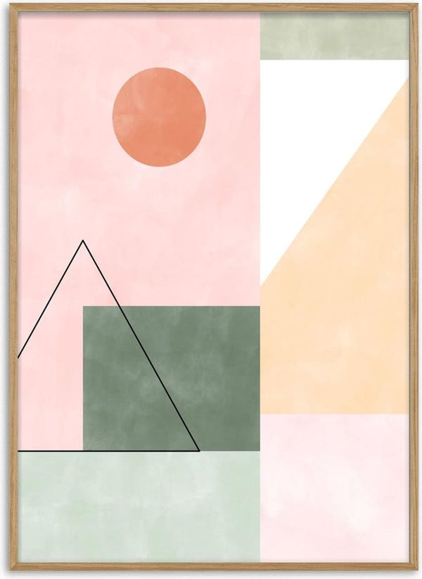 Abstract pastel artwork with minimalist shapes including a circle, triangle, rectangles, and soft color blocks.