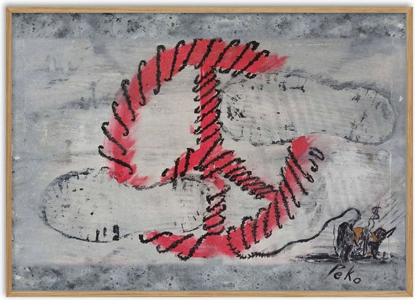 Peace that kills by PeKo - a pink barbed peace sign on grey with two suited figures and a dollar sign