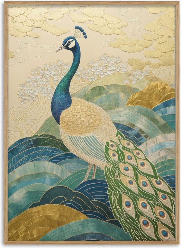 Peacock Touched by Gold by ArtySjak - a peacock on jade and gold hills under a cream sky