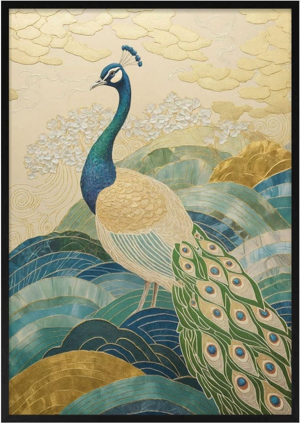Peacock Touched by Gold by ArtySjak - a peacock on jade and gold hills under a cream sky