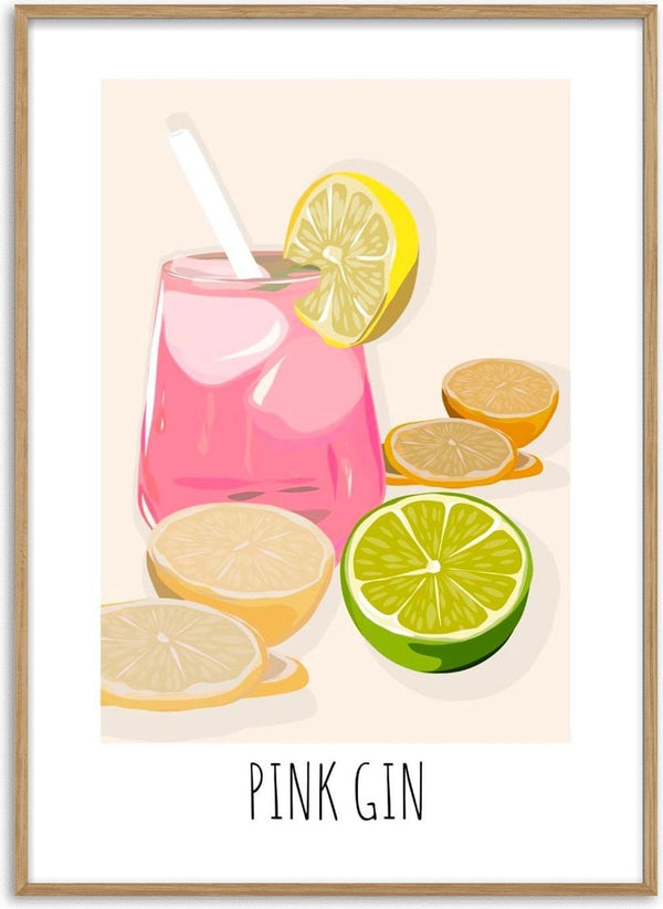 Pink Gin poster by Lisen Vennesland with a pink cocktail, lemon slices and lime on a cream background