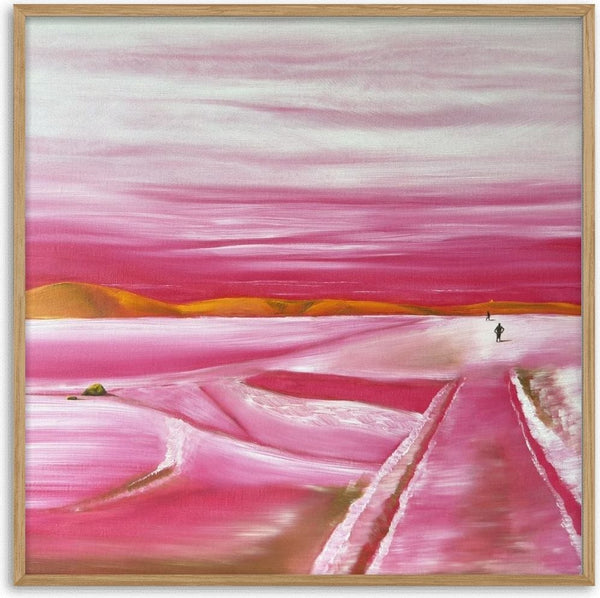 Pink Winter by Emil Walli - a wide snowfield in rose and magenta under ochre hills