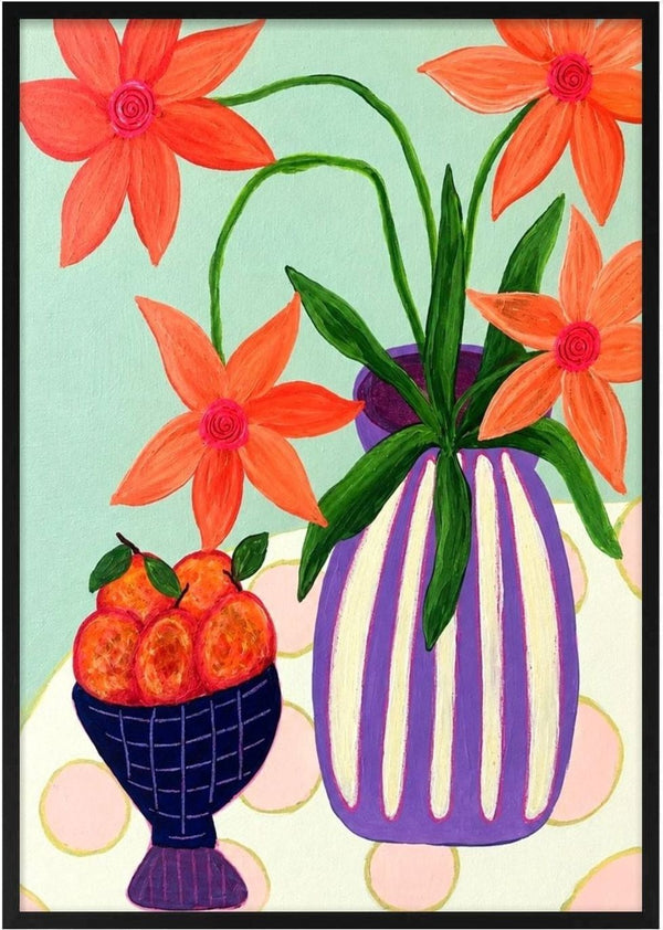 Plums & Peace by LGDyrby - coral flowers in a striped purple vase beside a blue bowl of fruit on mint green