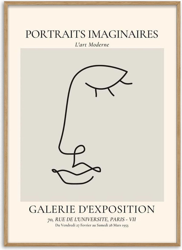 Minimalist line drawing of an eye and face with "Portraits Imaginaires" on a vintage-style exhibition poster.