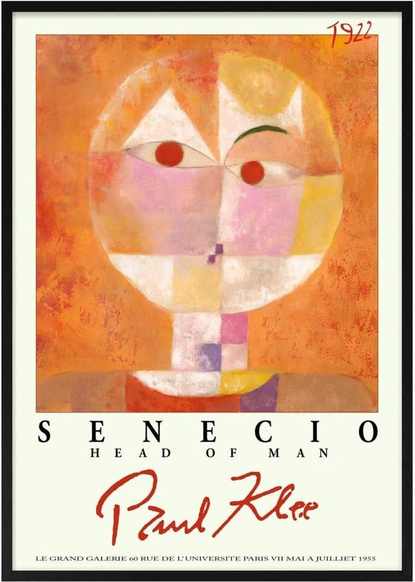 Abstract portrait "Head of Man" by Paul Klee, geometric shapes in warm colors with artist’s name and title displayed.