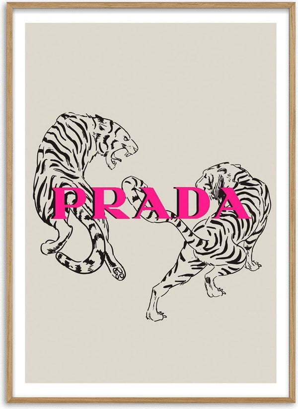 Two illustrated tigers with "PRADA" in bold pink letters, featured on a Prada fashion product page.