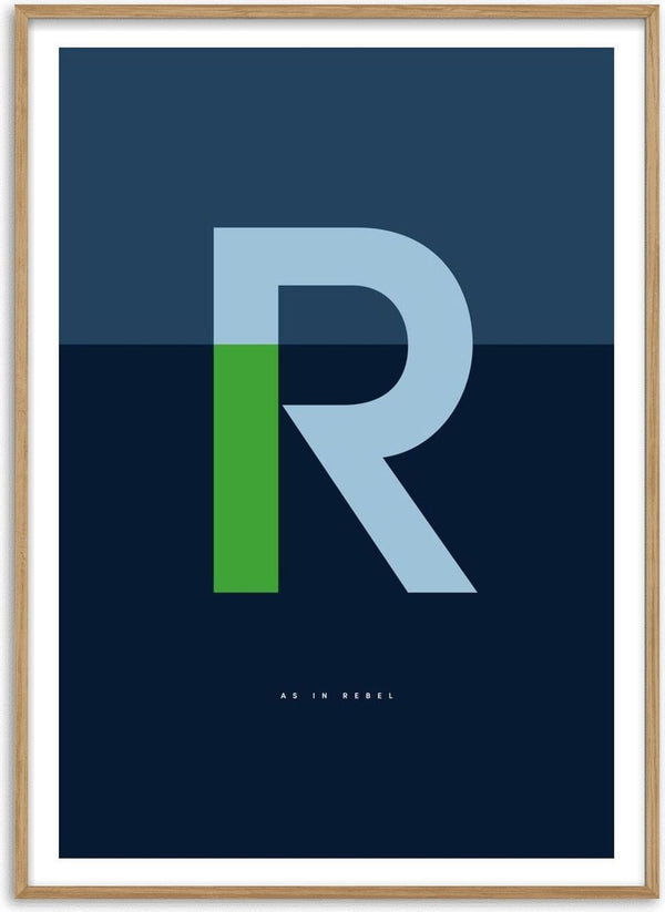R as in Rebel – Blue by Quite Nice Prints - a pale blue capital R with a green stem on navy