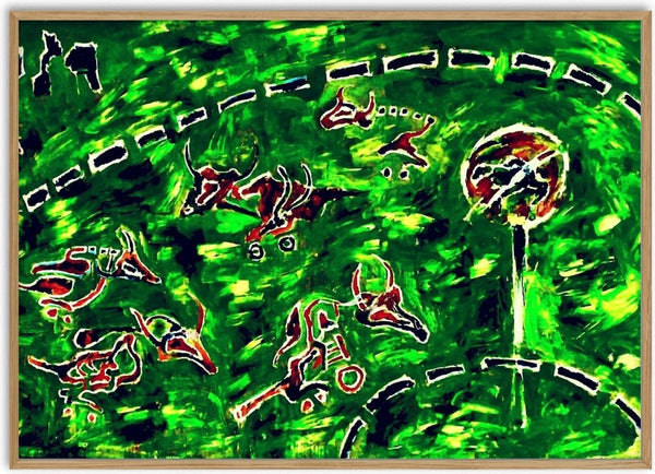 Racing Mutants by Will Black - dark red horned creatures running on a bright green ground