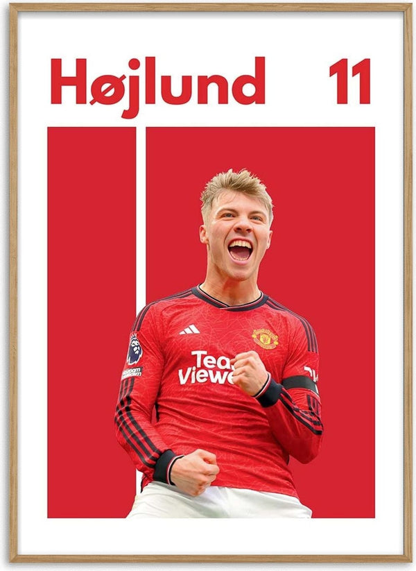 Football poster of Rasmus Højlund celebrating in a red Manchester United jersey, with his name and number 11.
