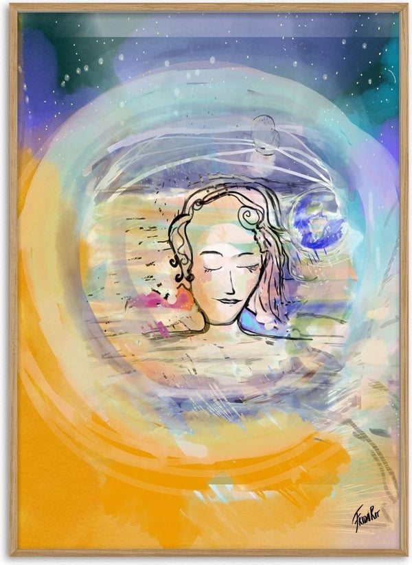 Rundarummet by FridaRit - a woman's head with closed eyes inside a pale bubble against an orange sun