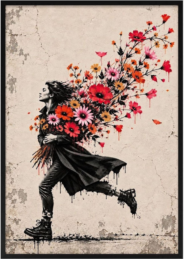 Running with Spring by Matthews Gallerie - a stencilled woman running with a trail of red, orange and pink flowers