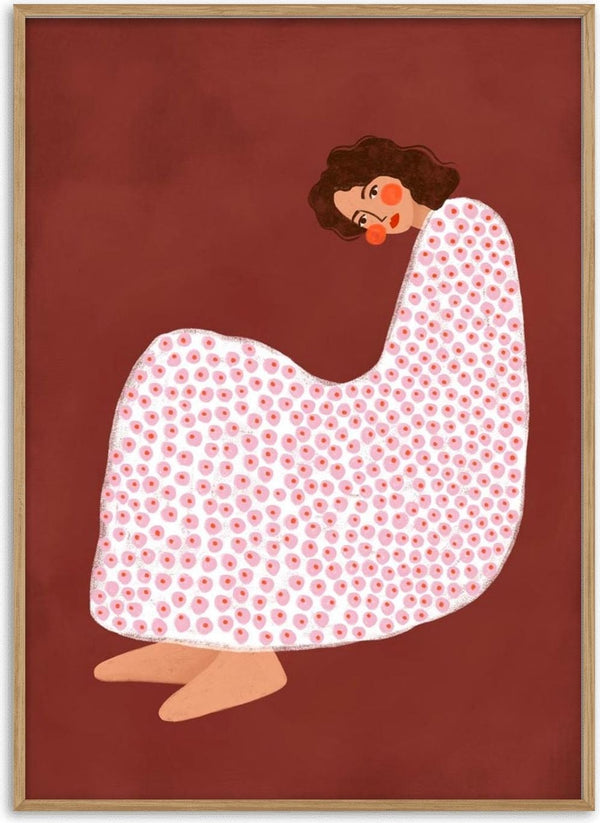 Illustration of a woman wrapped in a white, pink-dotted blanket on a brown background for Sadness - Bea Muller.