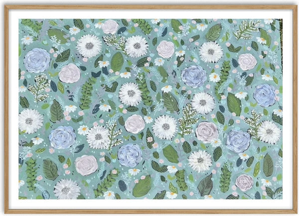 Sage Winter by Rebecca Wright - white and pale blue flowers spread across a soft sage green ground